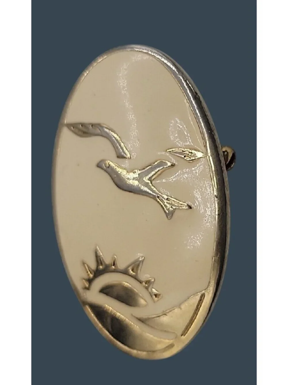 Bird In Flight Over Sunset Brooch Pin Cream Enamel Gold Tone Coastal Aviation